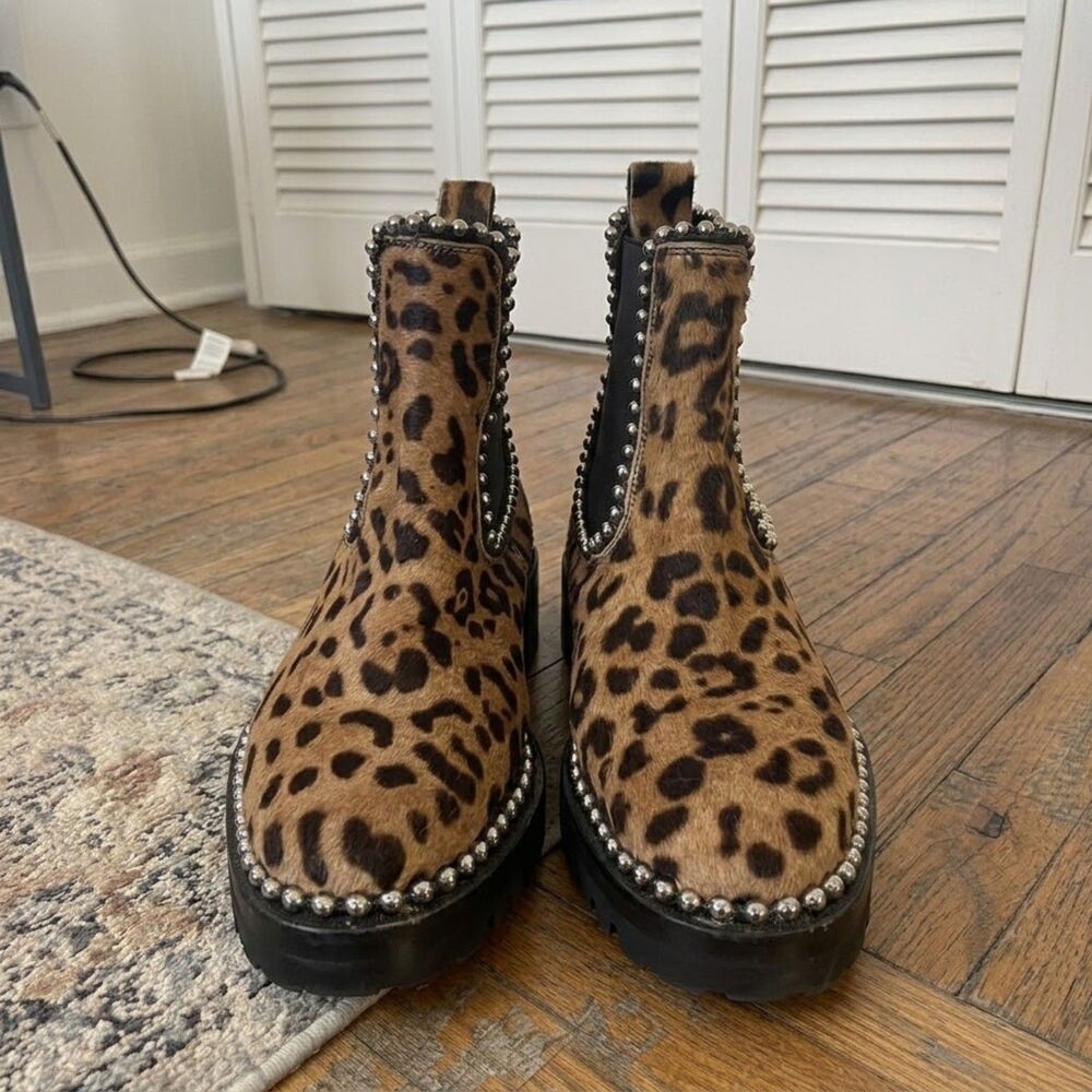 Leopard Calf Hair Studded Chelsea Boots Vibram Lug Sole EU 36.5